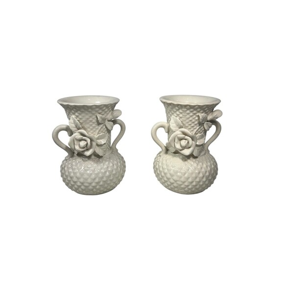 VTG Double Handled Porcelain Vase Raised Floral Diamond Cut Japan Set Of 2 *READ - Picture 11 of 12